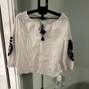 J. Crew Embroidered Peasant White Blouse 3/4 Quarter Sleeves